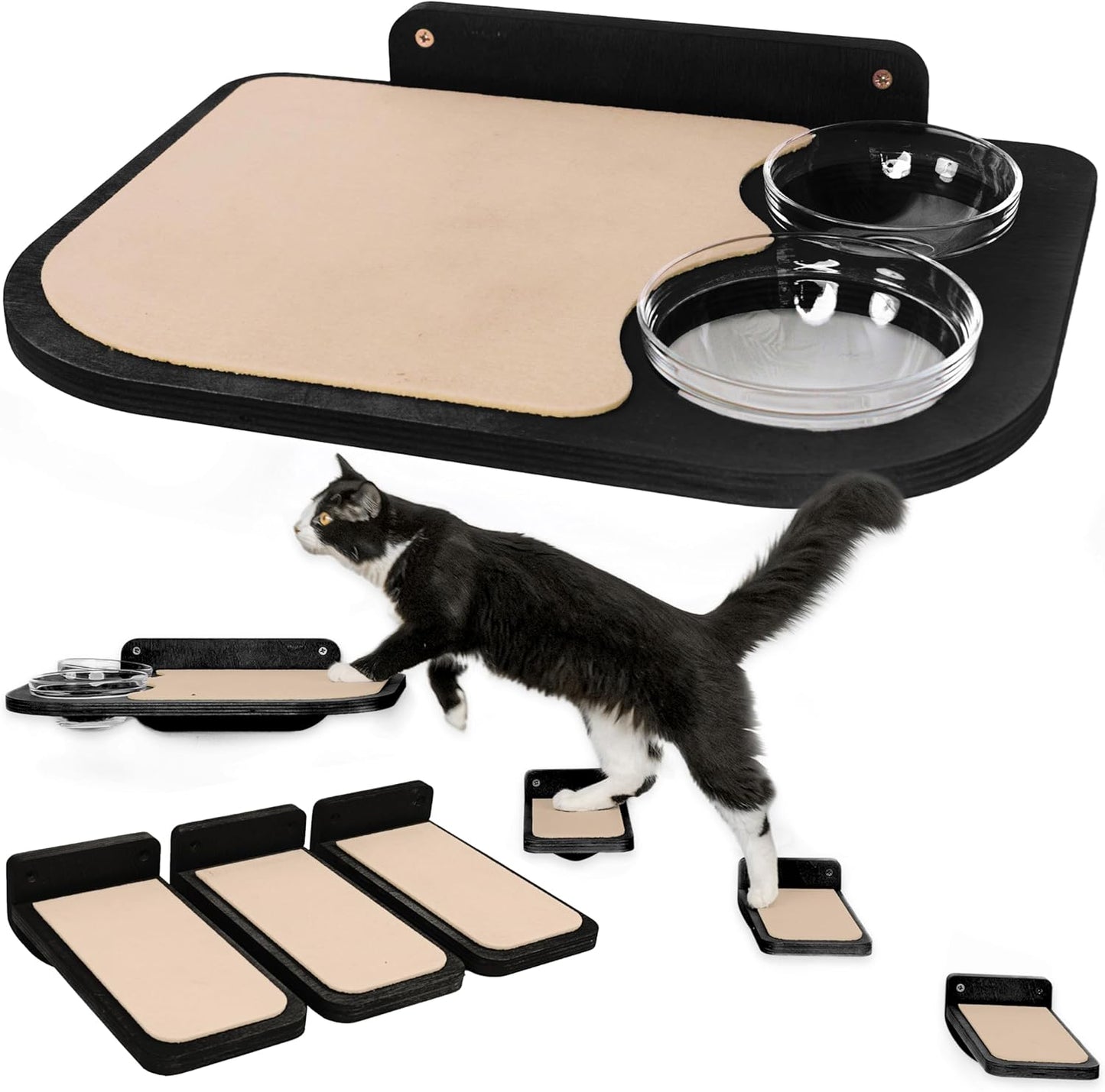 INICIO Cat Wall Shelves – Dog Proof Feeding Station with Wall Mounted Shelves, Durable 3 Step Birch Floating Shelf for Cats Up to 15lbs, Includes Attached Cat Food Bowl for Convenient Feeding – Black