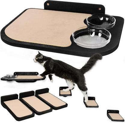 INICIO Cat Wall Shelves – Dog Proof Feeding Station with Wall Mounted Shelves, Durable 3 Step Birch Floating Shelf for Cats Up to 15lbs, Includes Attached Cat Food Bowl for Convenient Feeding – Black