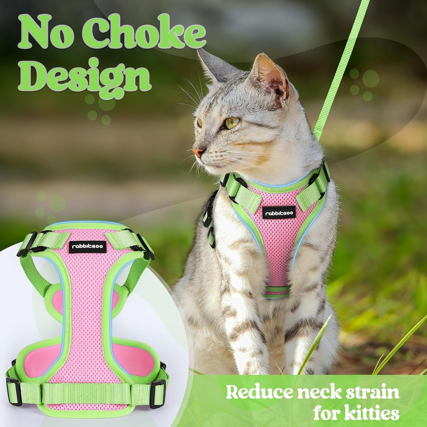 rabbitgoo Cat Harness and Leash Set, Escape Proof Soft Adjustable Vest Harnesses for Outdoor Walking, Easy Control Breathable Kitten Jacket with Reflective Strips, Pink & Light Green, XXS