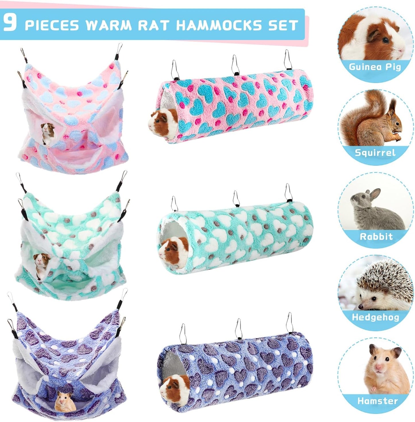 Abbylike 9 Pieces Rat Hammock 3 Tier Guinea Pig Ferret Hammocks Small Pet Hanging Tunnel Glider Toy Guinea Pig Ferret Hideout Bed Cage Accessories for Hamster(Green, Purple, Pink,Heart)