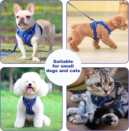 SOLMOONY Small Dog Harness,Soft Mesh Puppy Harness and Leash Set,No Escape Cat Harnesses for Training Walking,Reflective Adjustable Puppy Vest for Small Medium Dogs, Cats (Navy Blue, XL)