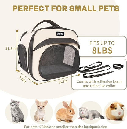 Bunny Backpack, Breathable Collapsible Small Pet Carrier with Safety Leash - for Puppies, Kittens, and Ferret Weighing up to 8 lbs, Designed for Travel, Walking and Outdoor Use Cat Bag, Beige