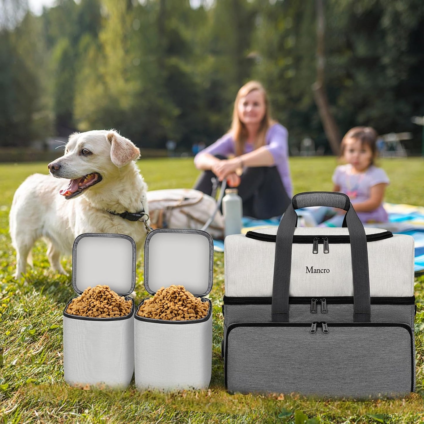 Mancro Dual Layers Dog Travel Bag, Pet Travel Bags with 2 Extra Large Food Containers, 2 Collapsible Dog Bowls, Multi-Pockets Tote Organizer for Pet Supplies, Road Trip Essentials, Weekend Camping
