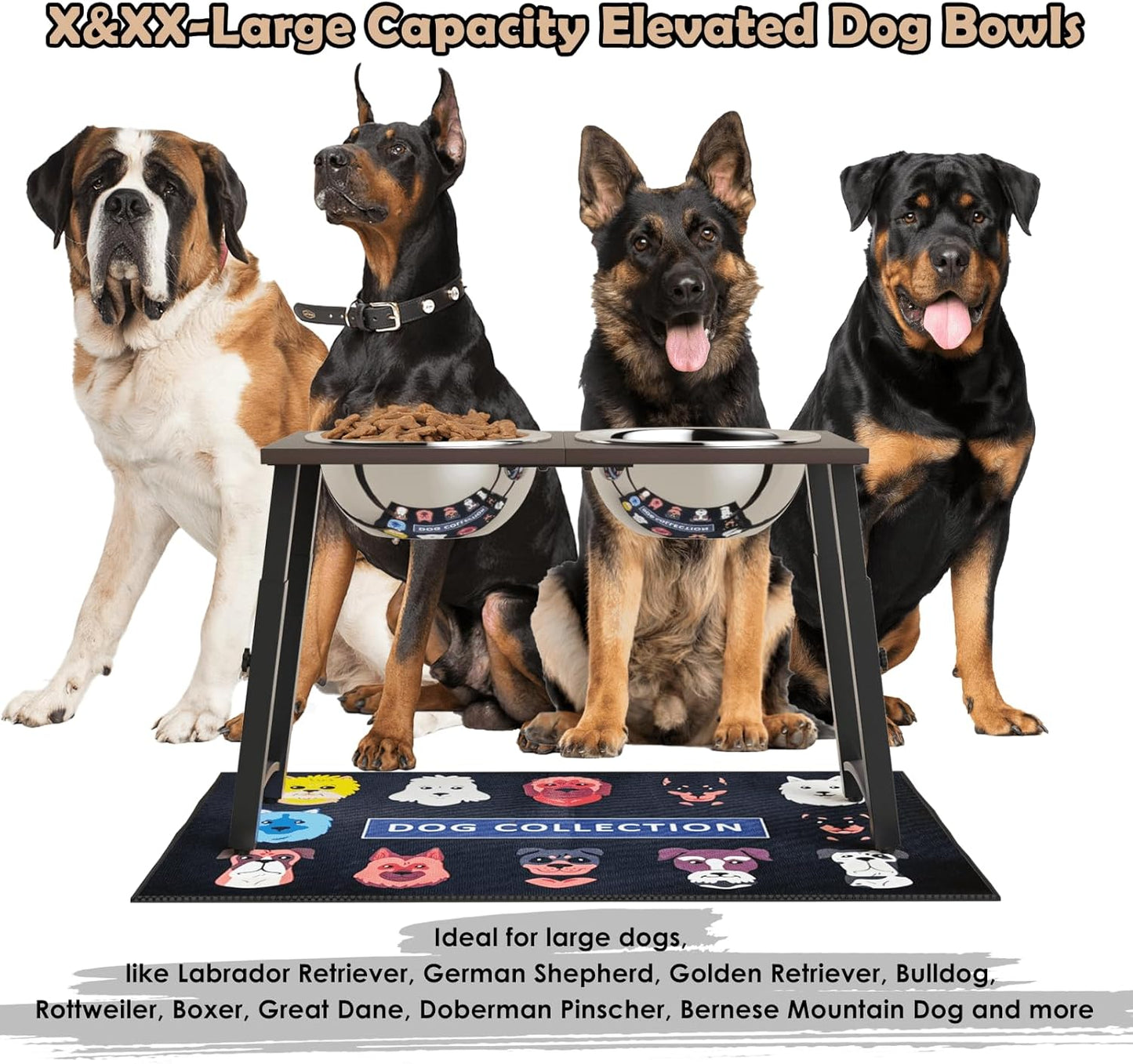 Elevated Dog Bowls for Large and X-Large Dogs, with Spill Proof Mat, 4 Heights Adjustable Wood Raised Dog Bowl Stand with Two Stainless Steel Food and Water Bowls, Non-Slip
