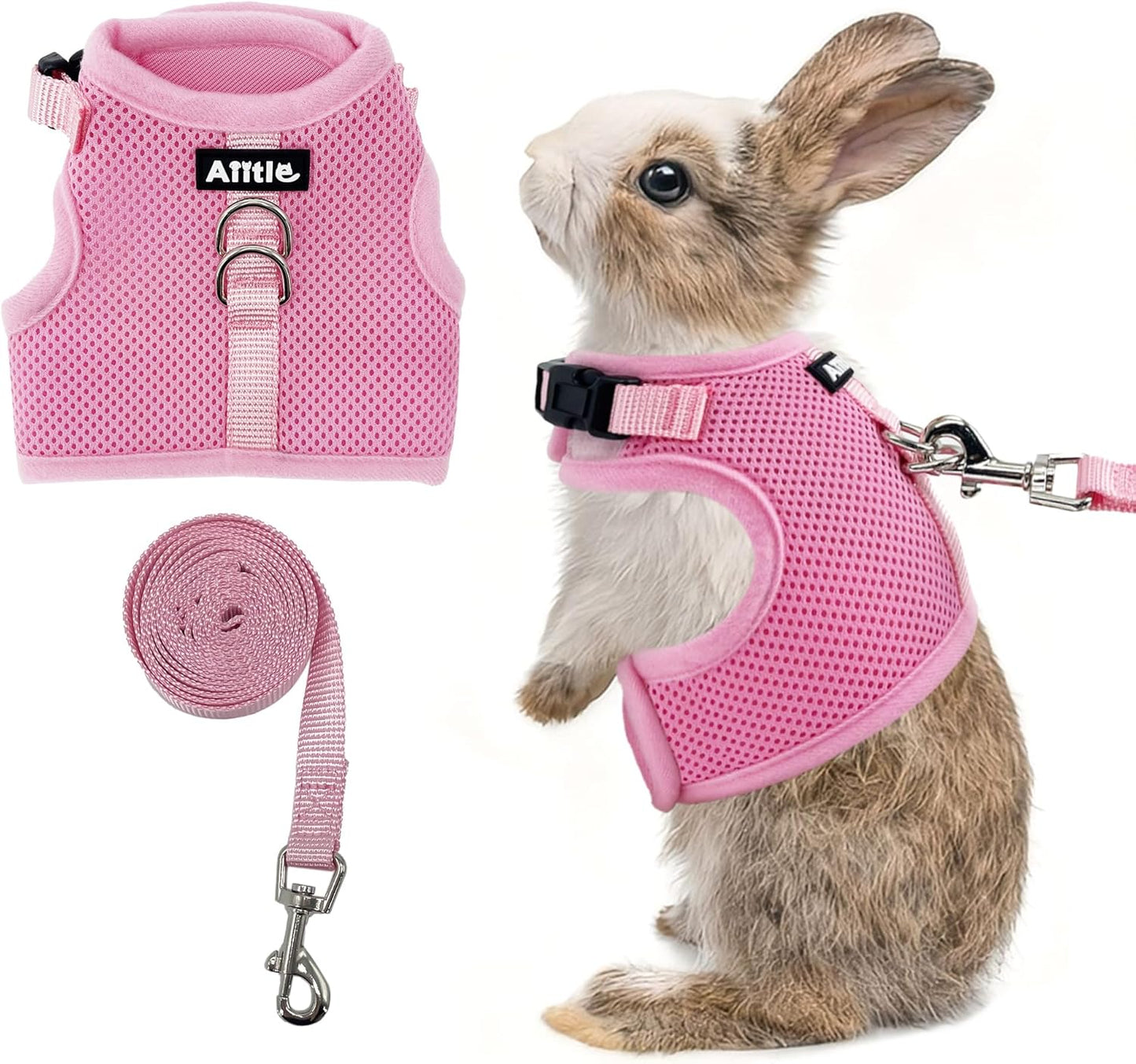 AIITLE Lightweight Escape Bunny Harness and Leash Set - Air Mesh Vest with Double D-Rings, Adjustable & Magic Tape Design, for Ferret/Cat/Puppy Training and Hiking Adventures, Pink L
