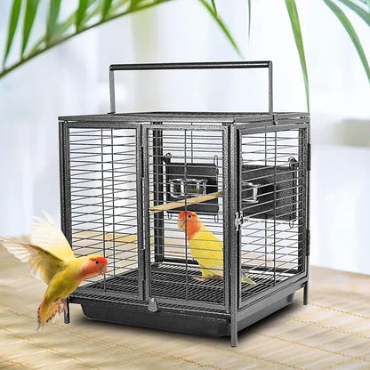 Portable Bird Travel Carrier Cage Black 19 Inch with Handle Wooden Perch,Parrot Travel cage Medium Birds for Cockatiels, Conures