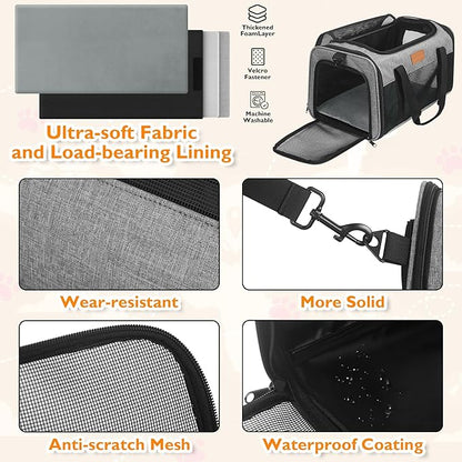 PETUX TSA Approved Pet Carrier in Cabin, 17"x11"x9.5" Soft Cat Carriers for Small Cat up to 12 lb, Top-Open Portable and Breathable Pet Carrier Airline Approved for Travel and Vet Visit, Grey