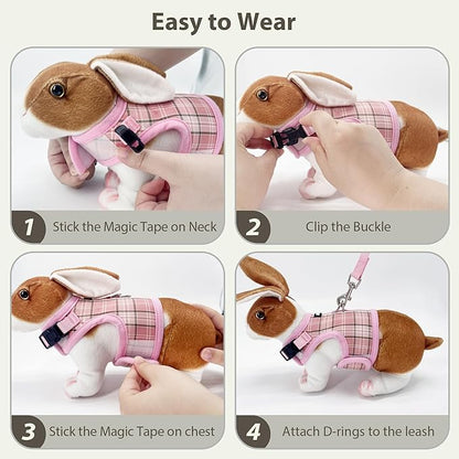 AIITLE Bunny Harness and Leash Set Escape Proof - Magic Tape Design, Lightweight Plaid Pattern Mesh Padding, No Choke No Pull for Puppy Cat Rat Squirrel Ferret, Outdoor Walking Running, Pink S
