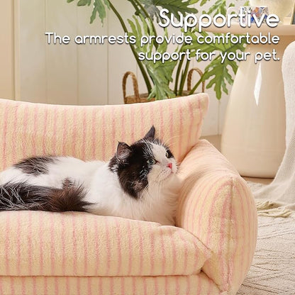 Hollypet Cat Bed Fluffy Plush Mutifuctional Double-Layer Soft Pet Couch Orthopedic Sofa Nest Beds for Small Cats and Dogs, Pink Stripes (25x20x13 inch)