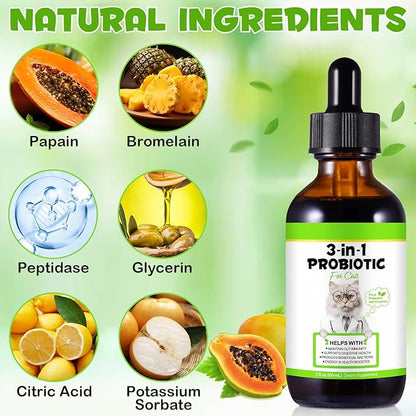 3-in-1 Probiotics for Cats with Digestive Enzymes & Prebiotics, Cats Probiotics Supplement Help Digestive Support Gut Health, Sutiable for All Ages, 60ml
