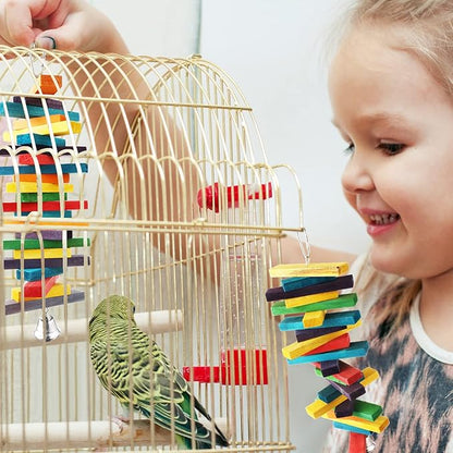 4 Pcs Bird Parrot Toys with Multicolored Natural Wood Blocks, Bird Chew Toys for Large Medium Parrots Macaws Lovebirds Doves Cockatiels Conures Parakeets Chewing Biting Foraging, 2 Designs