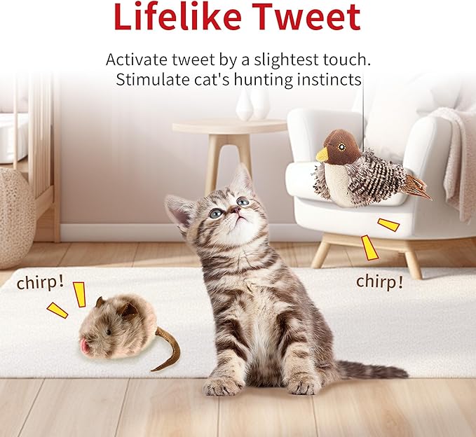 PETGEEK Gigwi Chirping Bird Cat Toy, Fake Simulated Toys for Indoor Cats, Melody Chaser Toys with Hanging Loop for Bored Indoor Adult Cats Kittens Interactive Play (Bird Mouse Set)