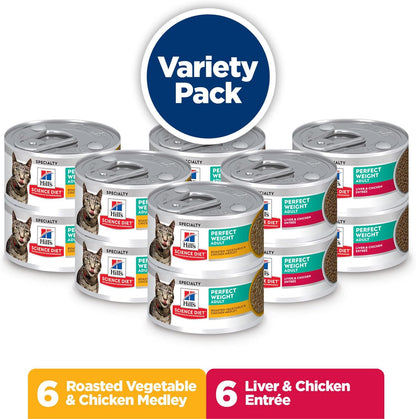 Hill's Science Diet Adult 1-6 Perfect Weight Wet Cat Food, Variety Pack: Liver & Chicken Minced; Chicken Stew, 2.9 oz. Cans, 12-Pack