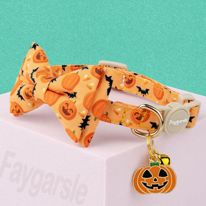Faygarsle 2 Pack Halloween Cat Collar with Bow Tie and Bell, Breakaway Safety Buckle, Purple Skull Bat and Orange Pumpkin Pattern