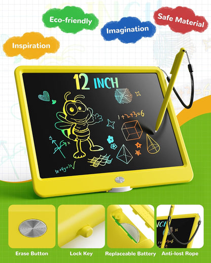 KOKODI LCD Writing Tablet, 12 Inch Colorful Toddler Doodle Board Drawing Tablet, Erasable Reusable Electronic Drawing Pads, Educational and Learning Toy for 3-6 Years Old Boy and Girls(Yellow)