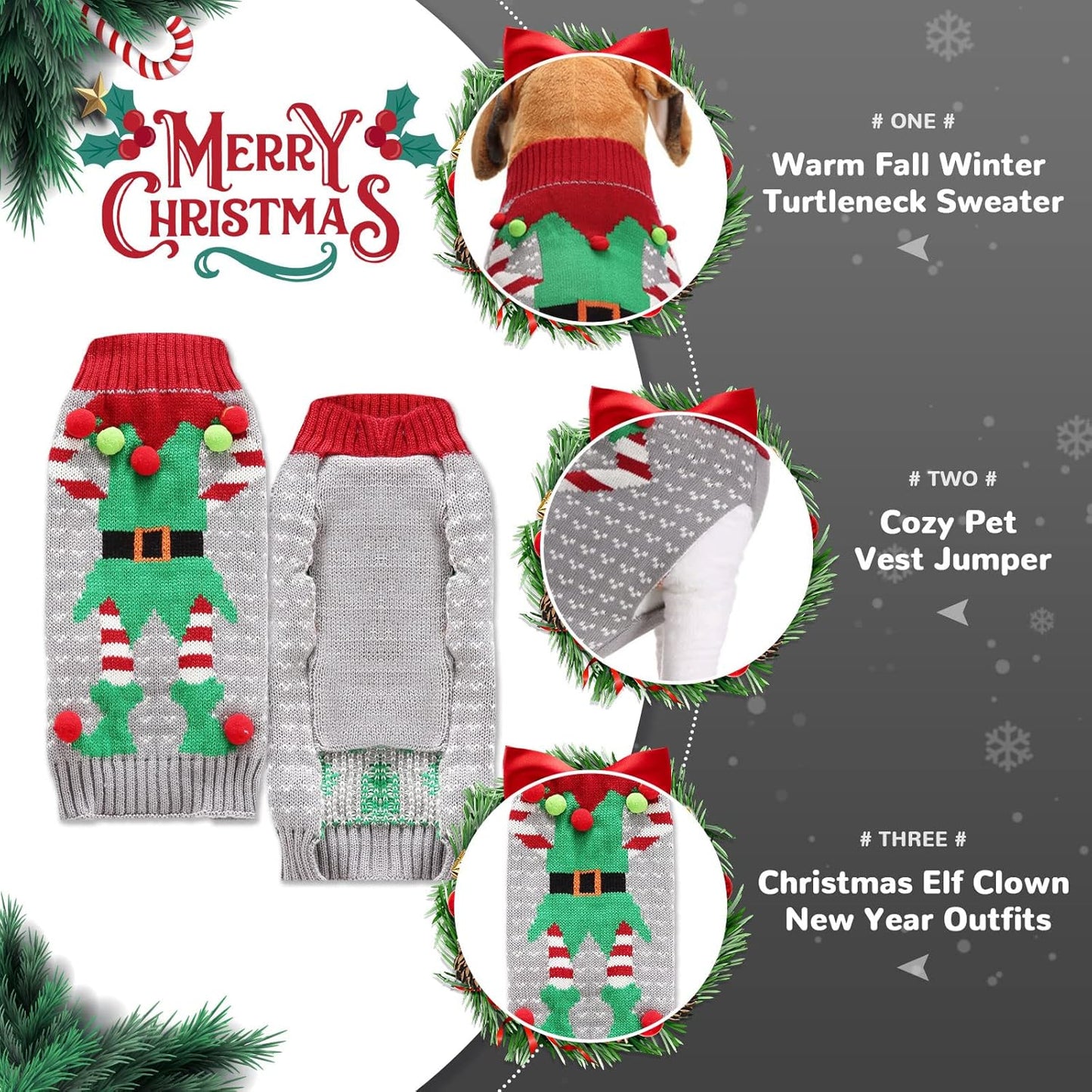PETCARE Dog Christmas Sweater Ugly Elf Clown Cat Sweater Vest Pet Jumper Grey Green Holiday Dog Clothes Puppy Sweaters for Small Medium Large Dogs Cats Fall Winter Outfits Xmas Dogs Costume,Medium
