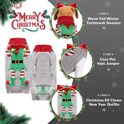 PETCARE Dog Christmas Sweater Ugly Elf Clown Cat Sweater Vest Pet Jumper Grey Green Holiday Dog Clothes Puppy Sweaters for Small Medium Large Dogs Cats Fall Winter Outfits Xmas Dogs Costume,XX-Large