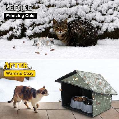 Dreyoo 1 Pack Outdoor Cat Feeding Station for Food & Water, Weatherproof Outdoor Kitty Dining Room Cat Shelter for Stray, Feral Cats and Community Cats, 13”d x 17”w x 15.5'h (Dark Green)