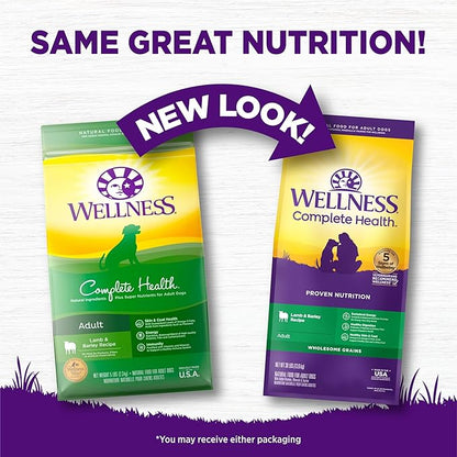 Wellness Complete Health Dry Dog Food with Grains, Made in USA with Real Meat & Natural Ingredients, All Breeds, Adult Dogs (Lamb & Barley, 30-lb) – With Nutrients for Immune, Skin, & Coat Support,