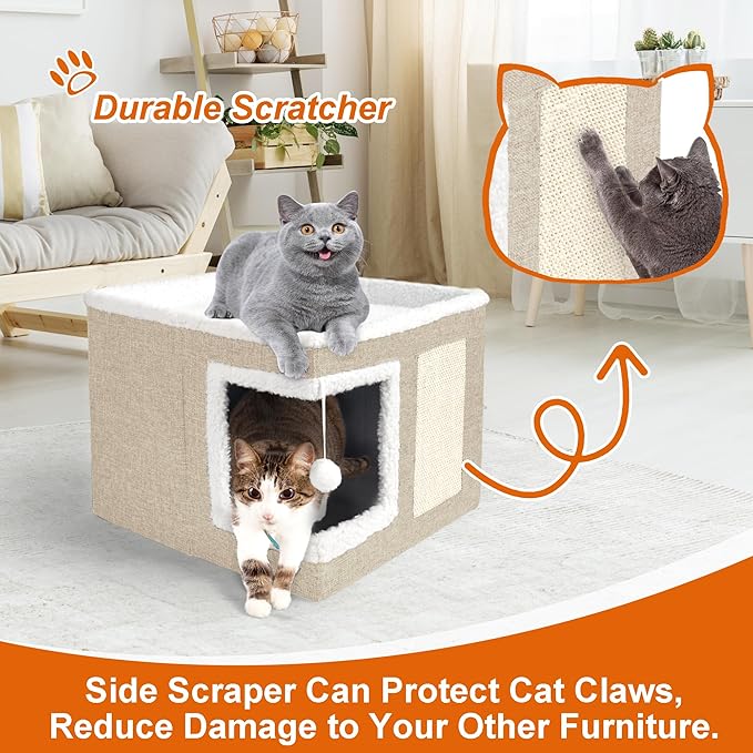 Cat Houses for Indoor Cats - Large Cat Bed Cave with Scratch Pad and Fluffy Ball, Foldable Cat Condo Hideaway with Reversible Cushion for Multi Small Pet, Khaki