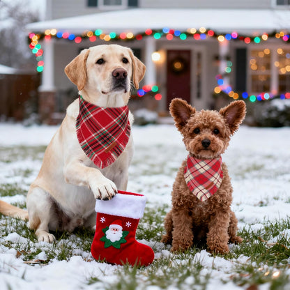 ADOGGYGO Christmas Dog Bandanas with Tassels, Stylish Plaid Xmas Puppy Scarf Bib, Soft Cotton Fabric, Red Plaid Christmas Bandanas for Small Dogs (Small)