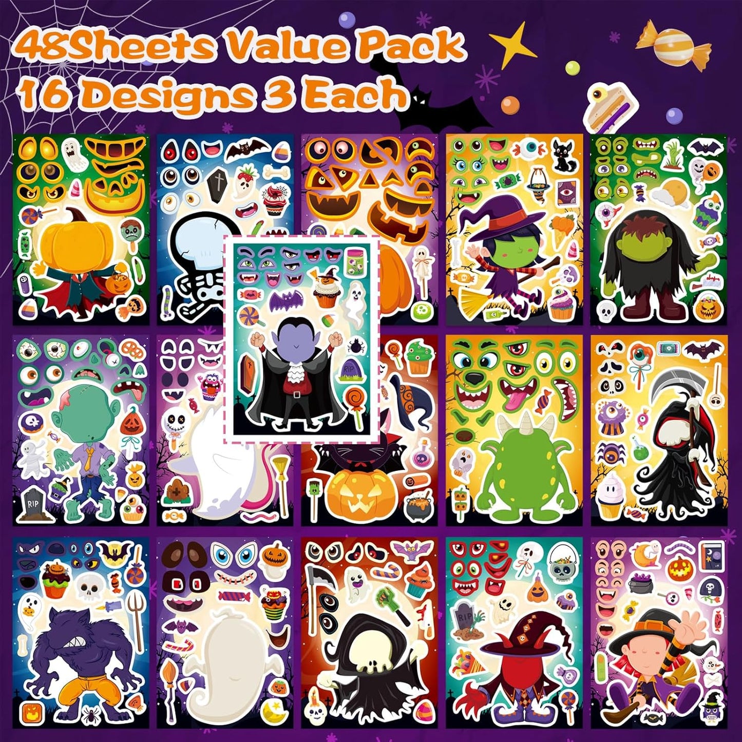 48 Sheets Halloween Make a Face Stickers for Kids, 16 Design Make Your Own Character Mix and Match Stickers Sheets Halloween Party Favor