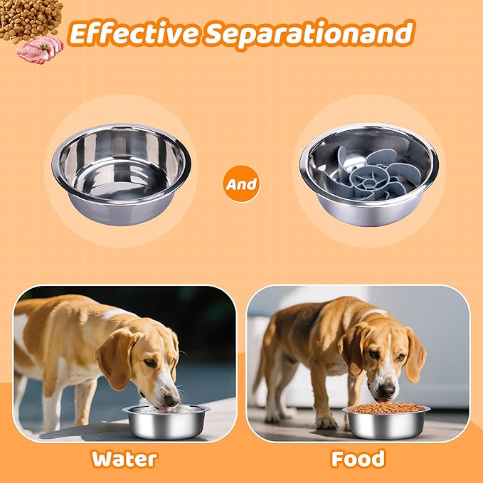 Elevated Dog Bowls Slow Feeder, 3 Adjustable Stand Heights and Width, Non-Slip Foot Mats, Tilting Raised Dog Bowls for Small, Medium and Large Dogs Breed (2 Pack), Black