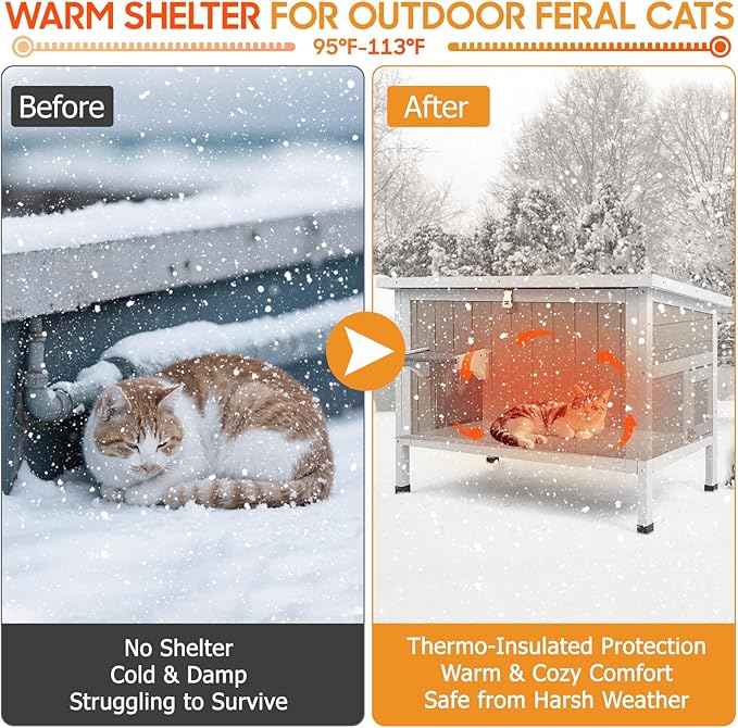 PetsCosset Insulated Cat House Outdoor Weatherproof Feral Cat Shelter for Winter, All-Round Foam Insulation Wooden Pet House for Small Animals with Escape Door,Openable Roof(34.5"L x 21.7"W x 25.6"H)