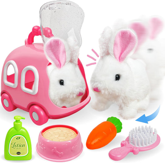 SMILESSKIDDO Hopping Bunny Toys for Girls - Electronic Jumping Rabbit with Wiggle Ears & Nose, Storage Cage and Accessories, Interactive Pet Care Pretent Play Toy Gifts for Toddlers 1 2 3 4 5 6