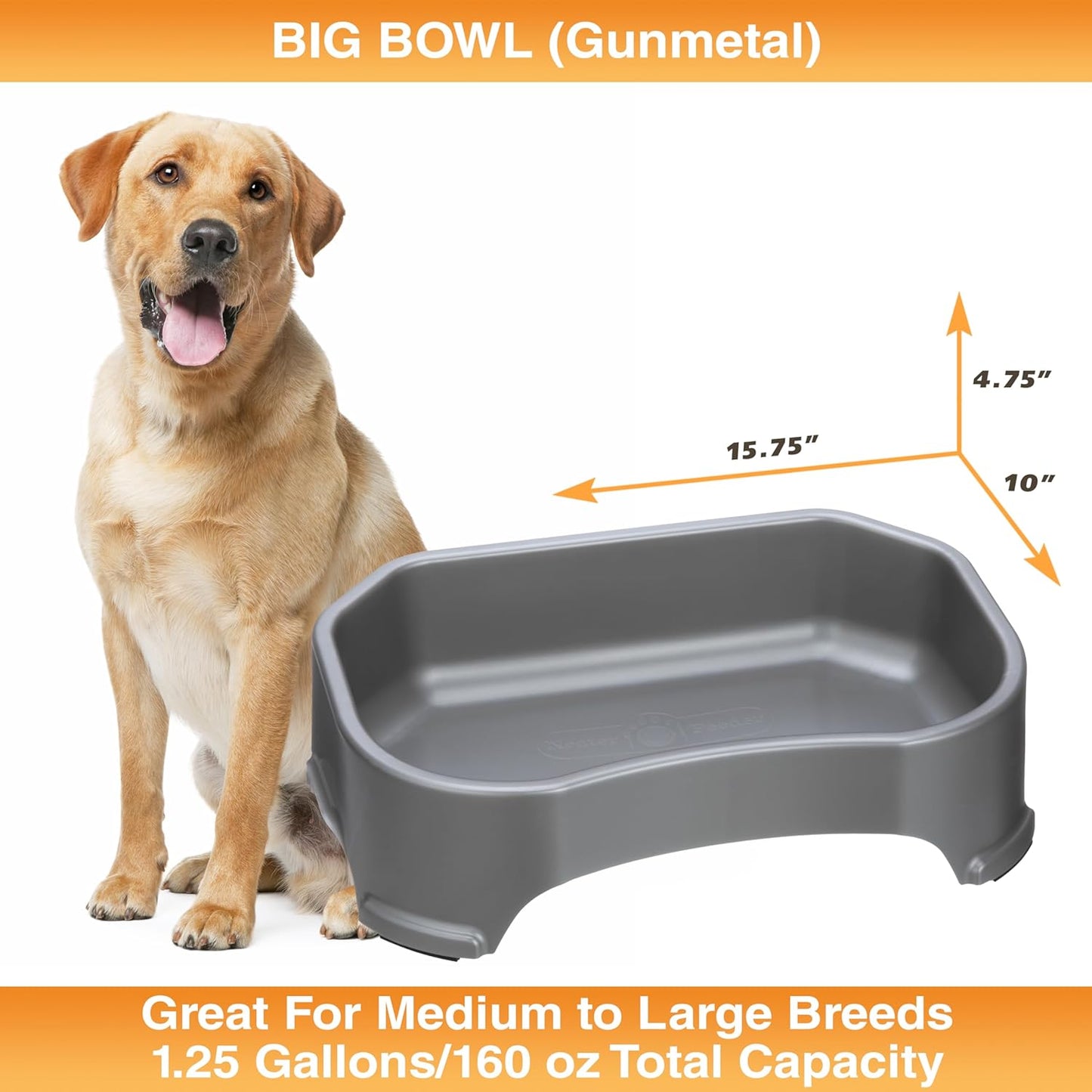 Neater Pet Brands Large Water Bowl for Dogs, Outdoor Dog Water Bowl (1.25 Gallon Extra-Large Capacity), Big Trough Style Food Dish for Indoors or Outside, No Spill Large Dog Bowls, Gunmetal Grey