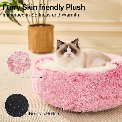 Calming Dog Beds & Cat Cave Bed with Hooded Cover,Removable Washable Round Beds for Small Medium Pets,Anti-Slip Faux Fur Fluffy Coved Bed for Improved Sleep,Fits up to 15/25 lbs(Pink,S)