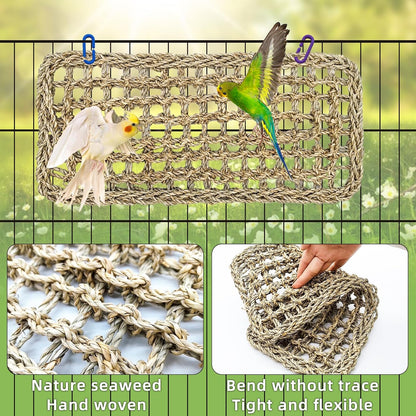 Bird Seagrass Mat 16 × 7" Parrot Natural Grass Woven Net Hammock Parakeet Climbing Rope Ladder Mat Chew Toys Cage Accessories for Pigeon Cockatiel Conure Budgie Cockatoo Rat Hamster