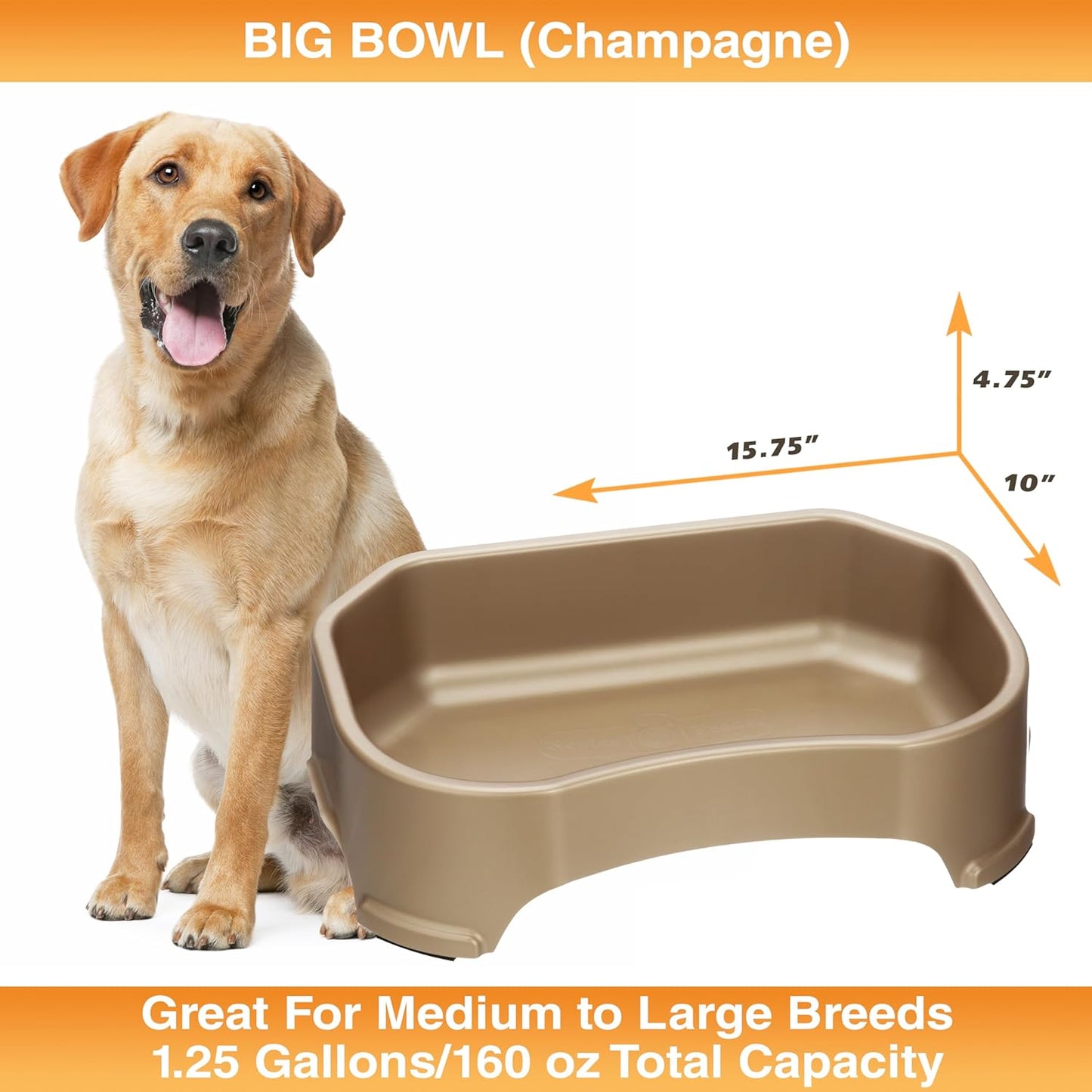 Neater Pet Brands Large Water Bowl for Dogs, Outdoor Dog Water Bowl (1.25 Gallon Extra-Large Capacity), Big Trough Style Food Dish for Indoors or Outside, No Spill Large Dog Bowls, Champagne