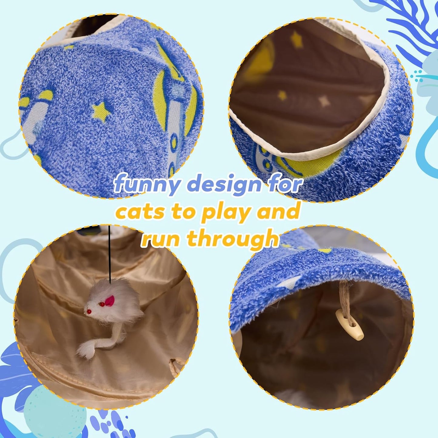 Glowing Astronaut Pattern Cat Tunnel - Collapsible with Plush Balls, Ideal for Indoor Cats, Rabbits, Kittens, Ferrets & Puppies (Blue)