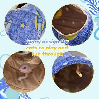 Glowing Astronaut Pattern Cat Tunnel - Collapsible with Plush Balls, Ideal for Indoor Cats, Rabbits, Kittens, Ferrets & Puppies (Blue)