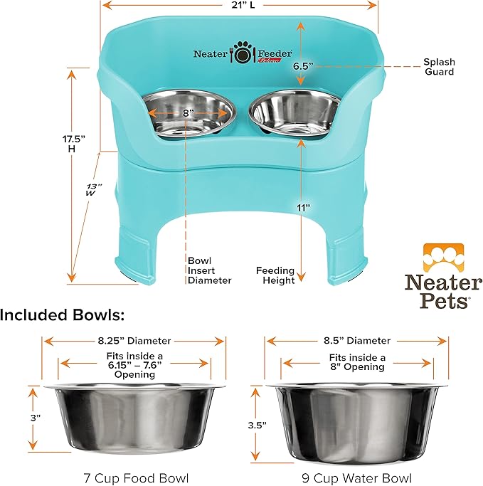 Neater Feeder Deluxe Mess Proof Dog Bowls Elevated for Large Dogs – Made in USA – No Spill Raised Dog Food Bowl Stand w/Leg Extensions – Stainless Steel Dog Food and Water Bowl Set – Teal