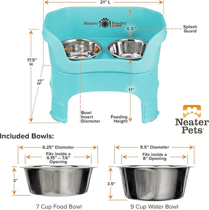 Neater Feeder Deluxe Mess Proof Dog Bowls Elevated for Large Dogs – Made in USA – No Spill Raised Dog Food Bowl Stand w/Leg Extensions – Stainless Steel Dog Food and Water Bowl Set – Teal
