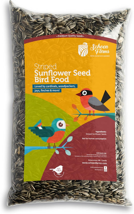 Schoen Farms Striped Sunflower Seeds – Hulled Wild Bird Food – 3 lb Bag – Clean, No-Mess Bird Seed for Finches, Jays & Cardinals