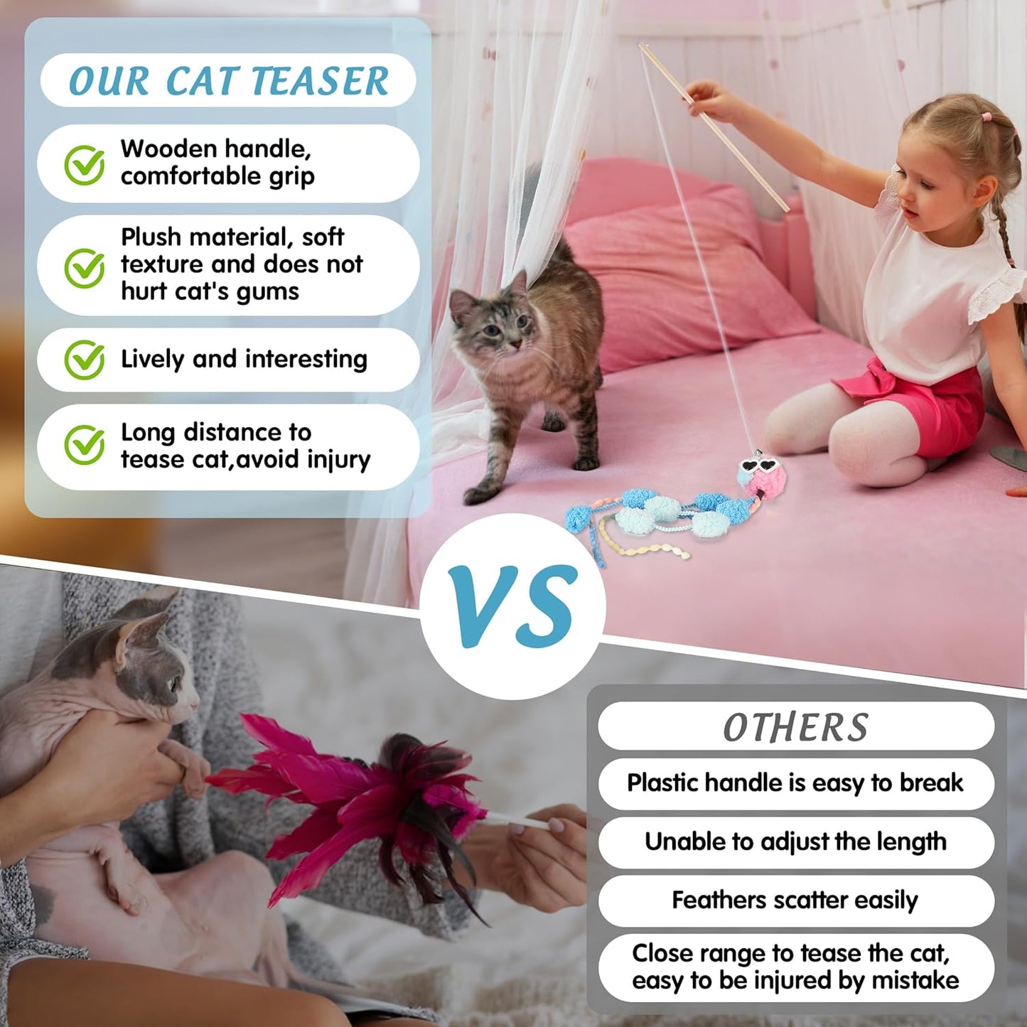 Elastic Plush Cat Wand Toy Funny Interactive Cat Fishing Pole Toy with Bell Soft Natural Wood Kitten String Toys for Indoor Cats Kittens Bored Cats (3 Pack)