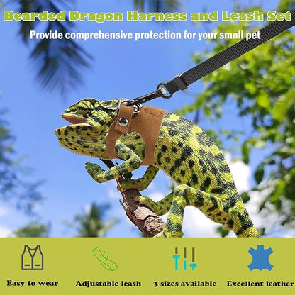 KABASI Bearded Dragon Harness Leash Set, 3 Size Adjustable Lizards Training Walking Leather Vest Escape-Proof Traction Rope for Squirrel and Other Outdoor Small Reptiles (Brown)