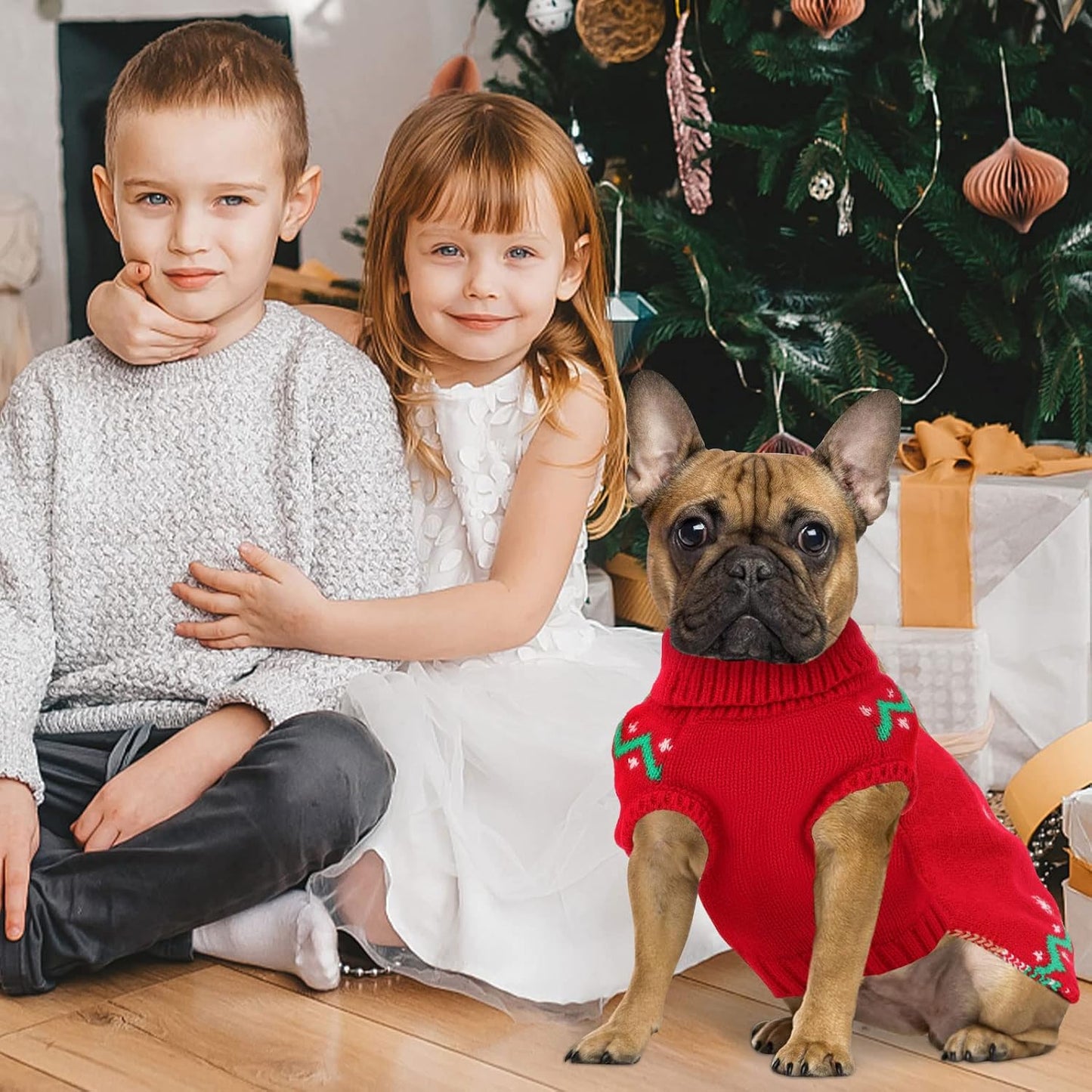 Christmas Dog Turtleneck Sweater Winter Reindeer Snowflake Sweater with Leash Hole Puppy Knitwear Pullover Holiday Sweaters for Small Medium Large Dogs SM