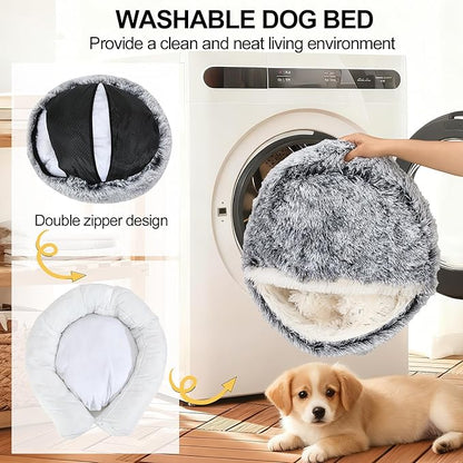 Calming Dog Beds & Cat Cave Bed with Hooded Cover,Removable Washable Round Beds for Small Medium Pets,Anti-Slip Faux Fur Fluffy Coved Bed for Improved Sleep,Fits up to 15/25 lbs(Grey,M)