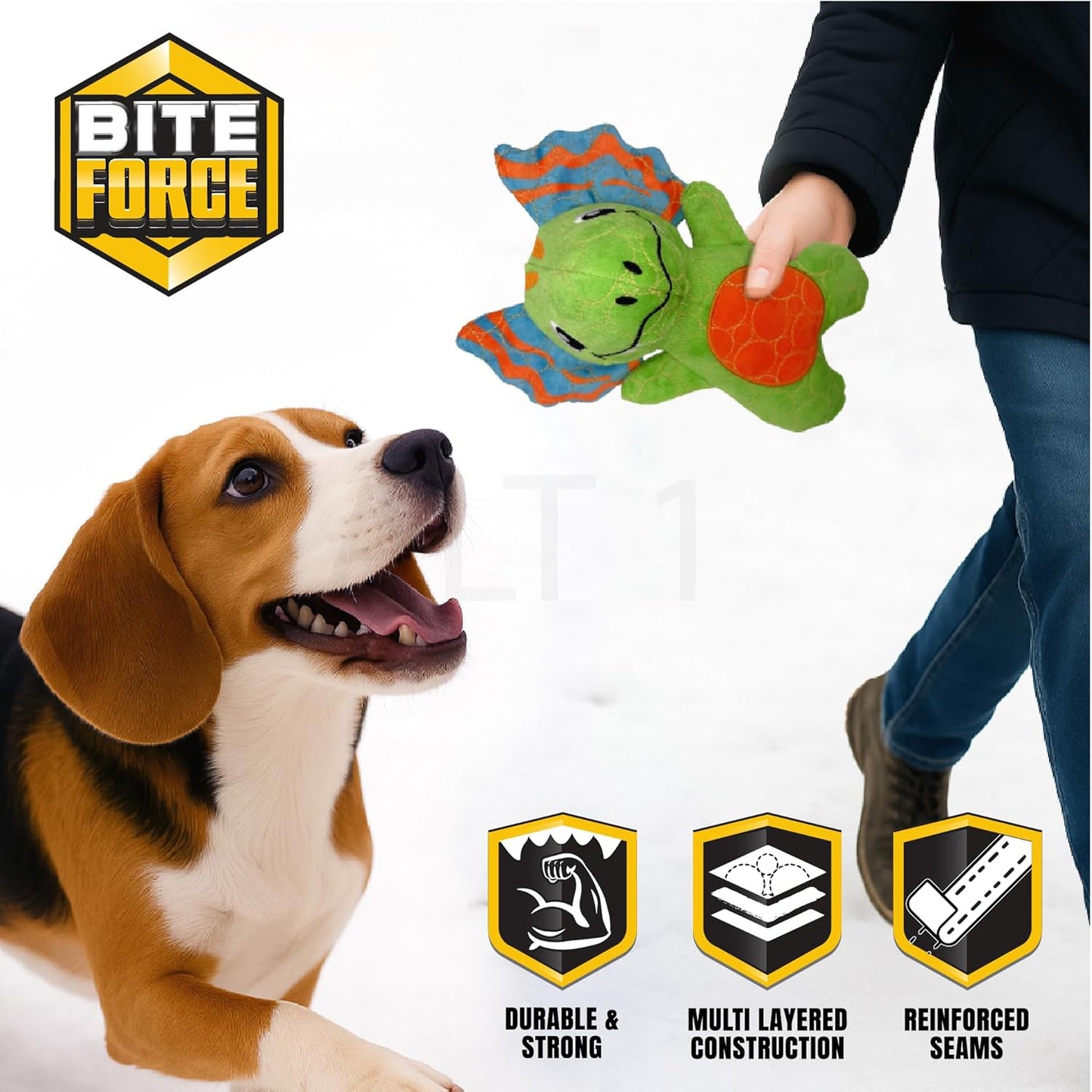 Bite Force - Durable & Strong Dog Toy Green Dino with Squeaker, Kevlar-Reinforced for Aggressive chewers.