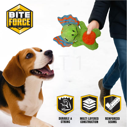 Bite Force - Durable & Strong Dog Toy Green Dino with Squeaker, Kevlar-Reinforced for Aggressive chewers.