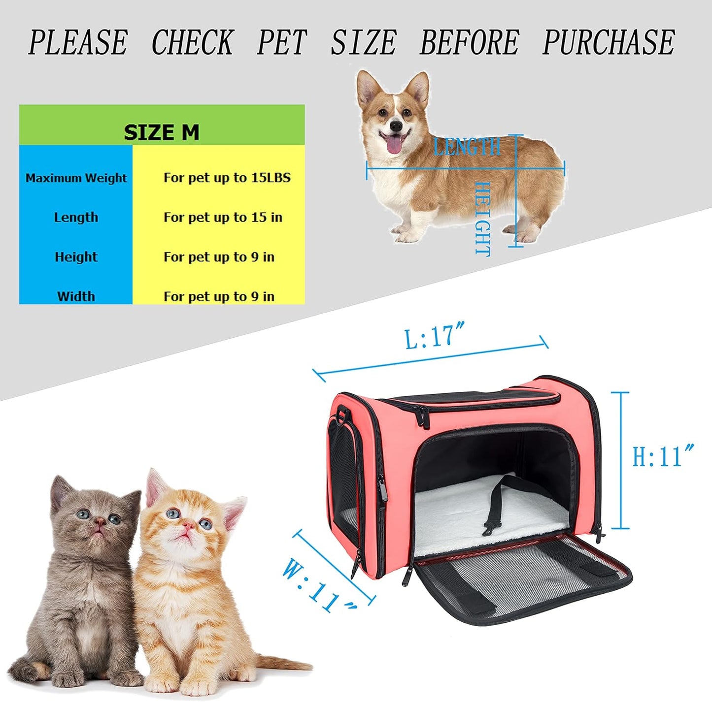 Soft Sided Carrier for Small Medium Cats Dogs,TSA Airline Approved Collapsible Travel Pet Carrier (Medium, Watermelon)