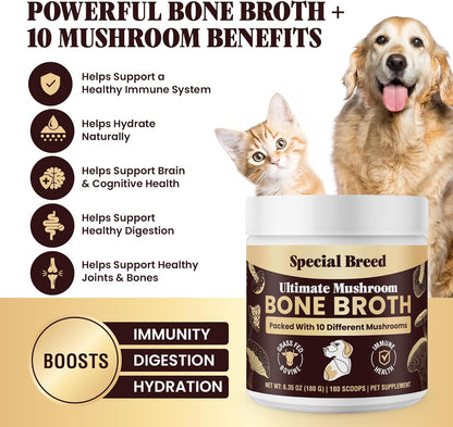 Beef Bone Broth for Dogs - Dog Bone Broth Powder with Ten Organic Mushrooms - High Protein + Ten Mushroom Supplement for Joint Flexibility, Immune Support, Cognition, Vitality, Hydration - 180 Scoops