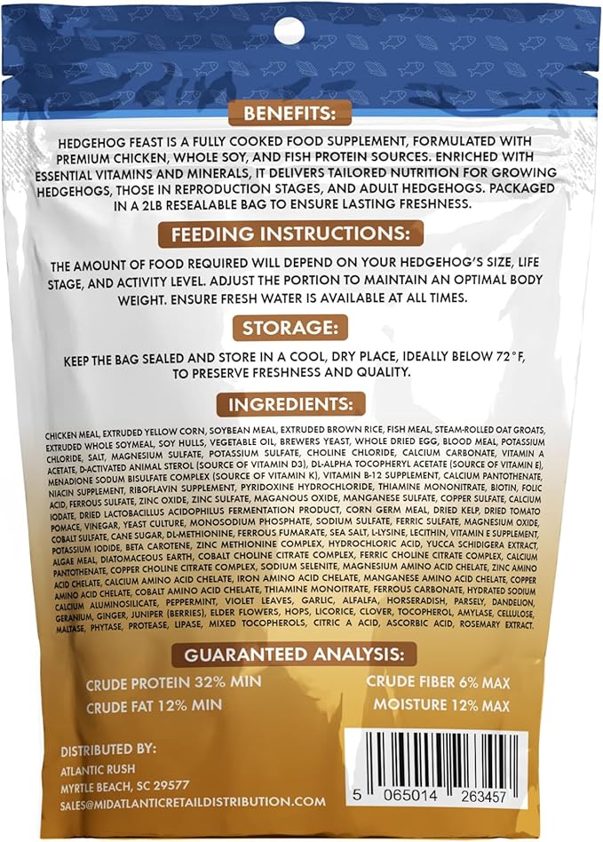 Atlantic Rush Hedgehog Feast Premium Food - 2lb Resealable Bag of Hedge Hog Delite- Small Critter Supplies Hedge Hog Food - Hedgehog Treats- Sourced & Made in The USA