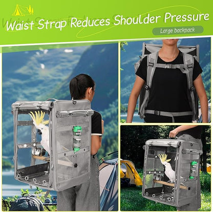 Suertree Bird Carrier Travel Cage, Cockatoo Carrier, Parrot Travel Backpack with Unbreakable Stainless Steel Mesh, Perch, Water Bottle and Food Bowl, X-Large Grey