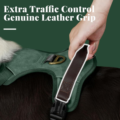 No Pull Dog Harness Medium Sized Dog,Stylish PU Leather Vest with Easy Control Handle,No Choke Front Clip with 2 Metal Leash Clips,Reflective & Adjustable for Walking,Green,Chest 27-33"