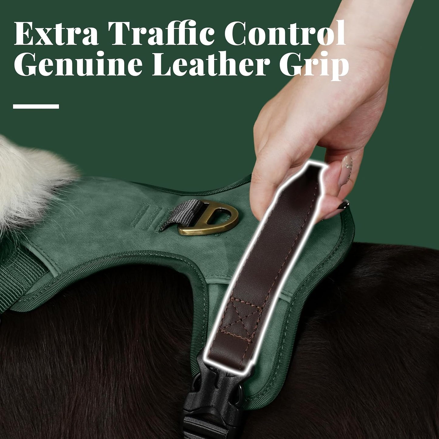 No Pull Dog Harness Medium Sized Dog,Stylish PU Leather Vest with Easy Control Handle,No Choke Front Clip with 2 Metal Leash Clips,Reflective & Adjustable for Walking,Green,Chest 22-29"